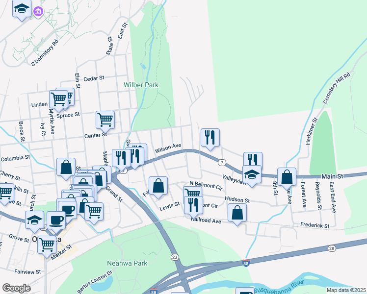 map of restaurants, bars, coffee shops, grocery stores, and more near 2 Taft Avenue in Oneonta