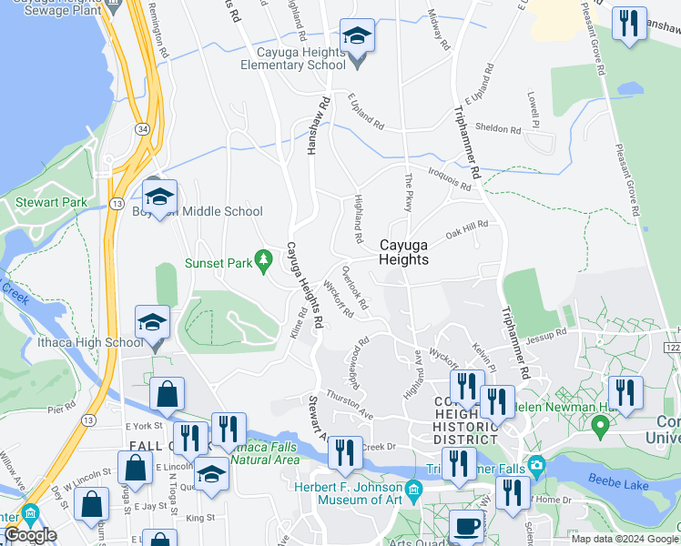 map of restaurants, bars, coffee shops, grocery stores, and more near 114 Overlook Road in Ithaca