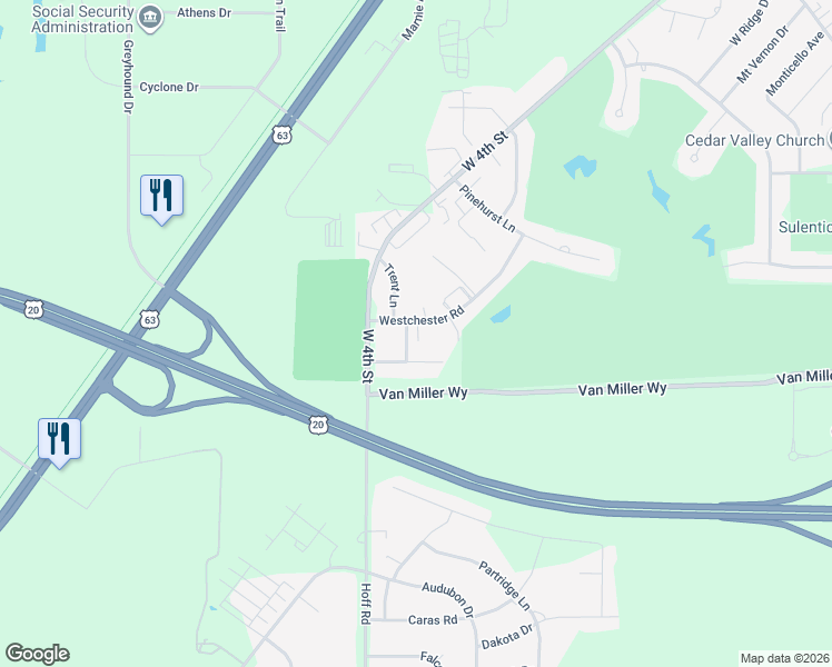 map of restaurants, bars, coffee shops, grocery stores, and more near 1921-1949 Westchester Road in Waterloo