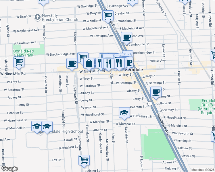 map of restaurants, bars, coffee shops, grocery stores, and more near in Ferndale