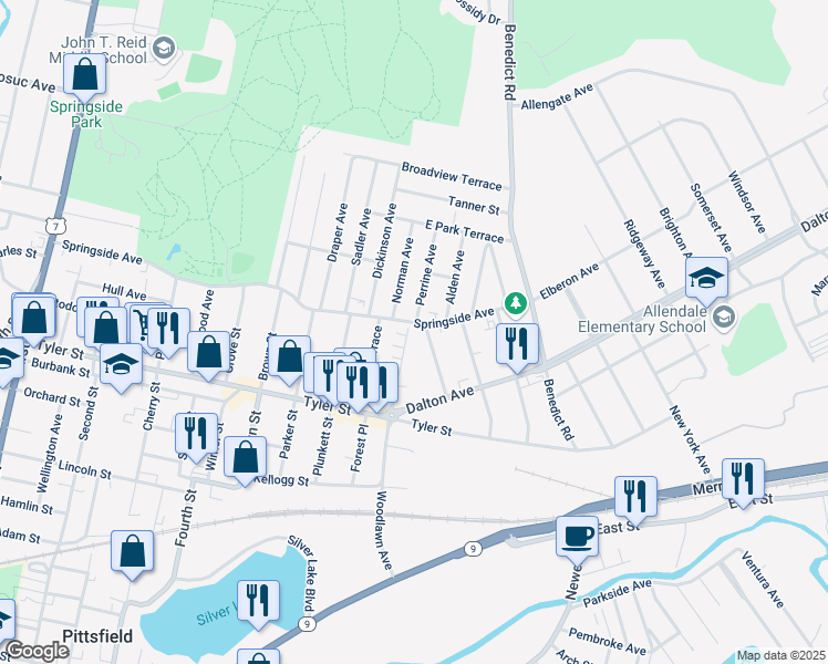 map of restaurants, bars, coffee shops, grocery stores, and more near 210 Woodlawn Avenue in Pittsfield