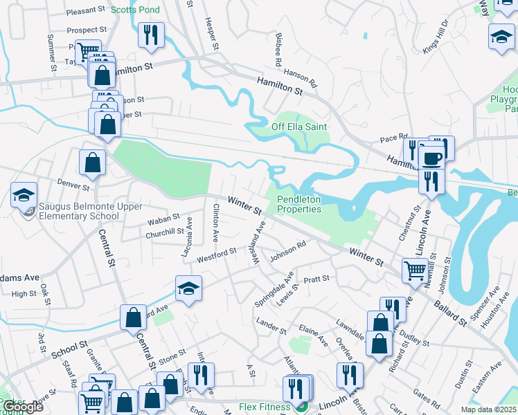 map of restaurants, bars, coffee shops, grocery stores, and more near 96 Winter Street in Saugus