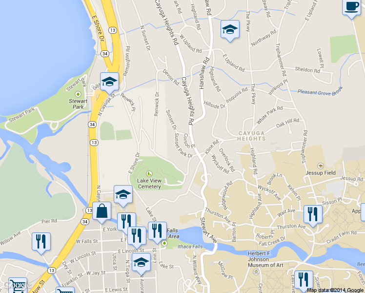 map of restaurants, bars, coffee shops, grocery stores, and more near 106 Corson Place in Ithaca