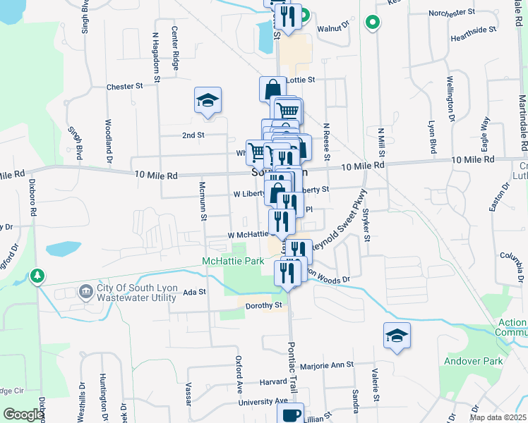 map of restaurants, bars, coffee shops, grocery stores, and more near 224 South Lafayette Street in South Lyon