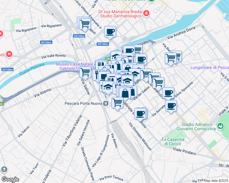 map of restaurants, bars, coffee shops, grocery stores, and more near 51 Viale Vittoria Colonna in Pescara