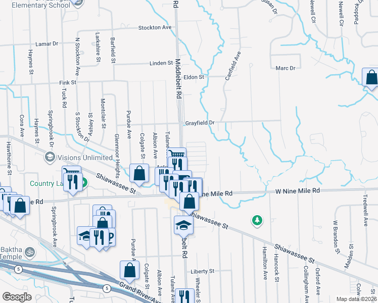map of restaurants, bars, coffee shops, grocery stores, and more near 22600 C Street in Farmington Hills