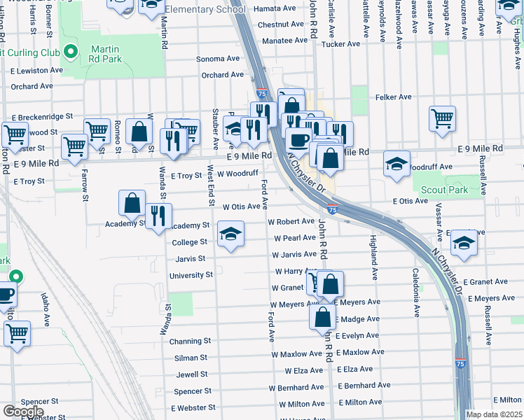 map of restaurants, bars, coffee shops, grocery stores, and more near 307 West Otis Avenue in Hazel Park
