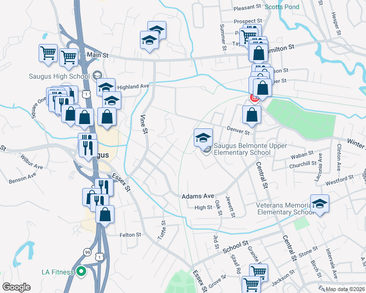 map of restaurants, bars, coffee shops, grocery stores, and more near 20 Rice Street in Saugus