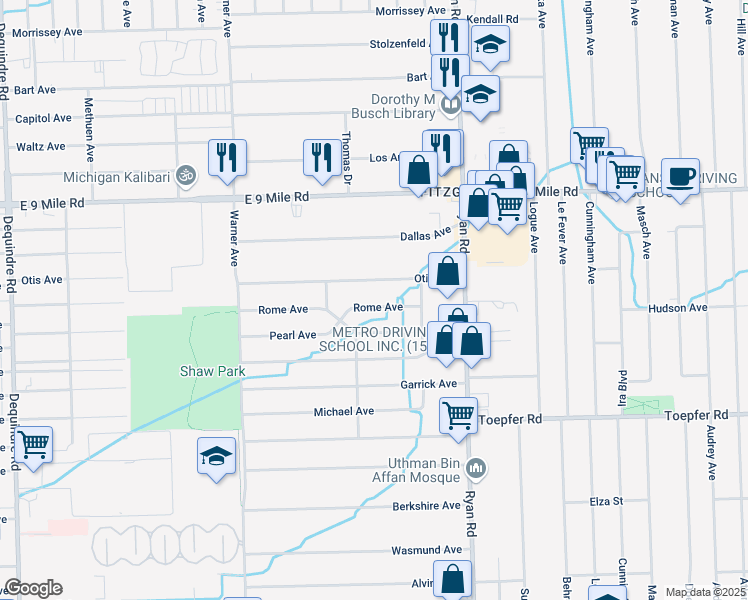 map of restaurants, bars, coffee shops, grocery stores, and more near 3647 Rome Avenue in Warren