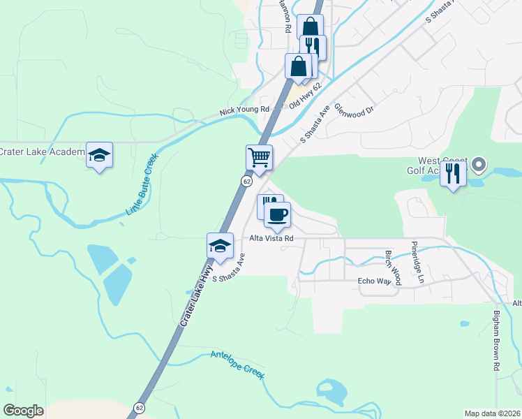 map of restaurants, bars, coffee shops, grocery stores, and more near 1560 South Shasta Avenue in Eagle Point