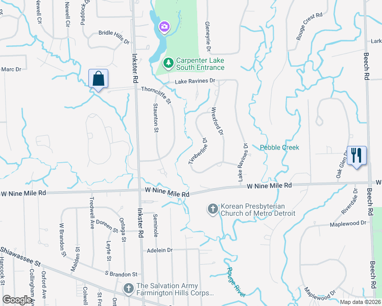 map of restaurants, bars, coffee shops, grocery stores, and more near 22901 Timberline Drive in Southfield