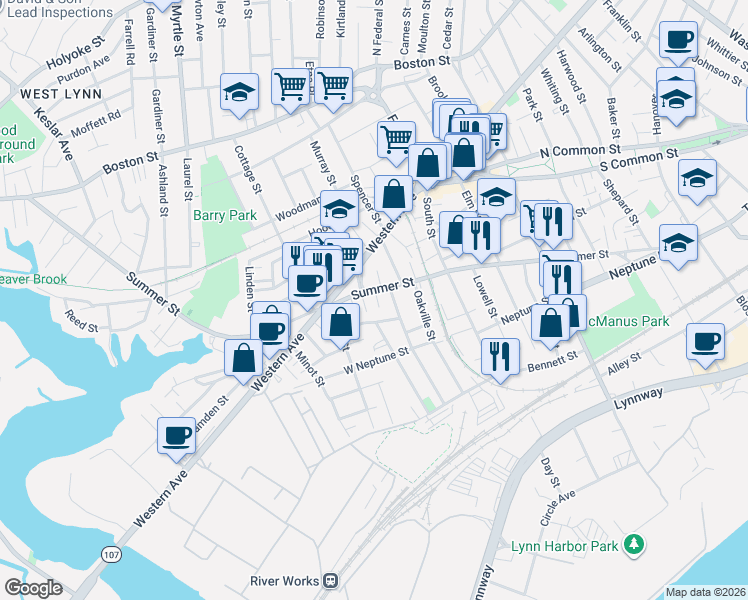 map of restaurants, bars, coffee shops, grocery stores, and more near 510 Summer Street in Lynn