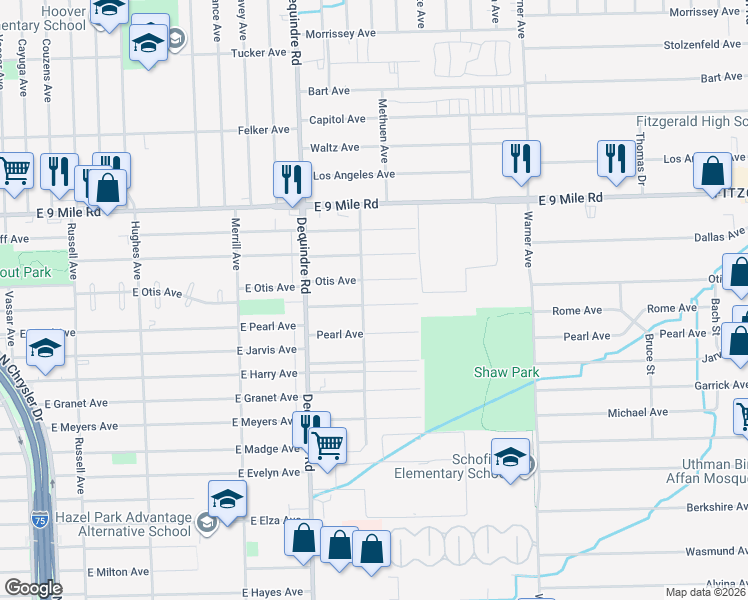 map of restaurants, bars, coffee shops, grocery stores, and more near 2135 Rome Avenue in Warren