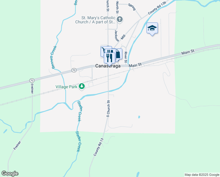 map of restaurants, bars, coffee shops, grocery stores, and more near 29 South Church Street in Canaseraga