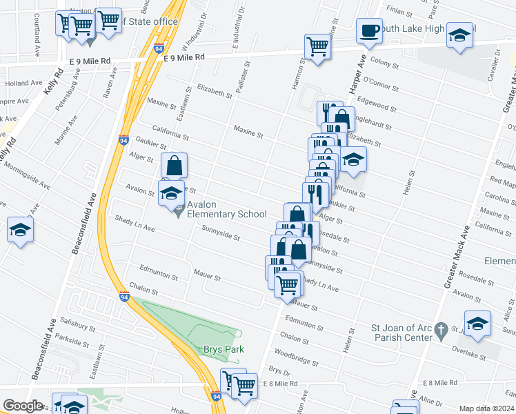 map of restaurants, bars, coffee shops, grocery stores, and more near 20341 Rosedale Street in Saint Clair Shores