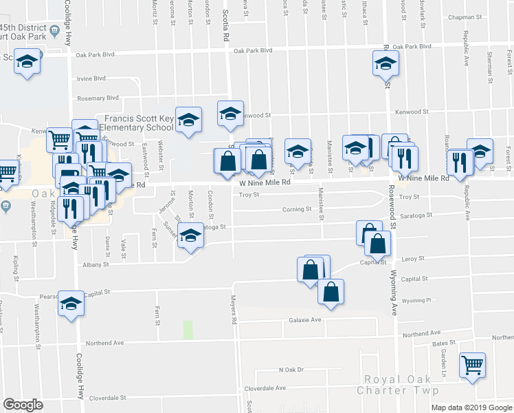 map of restaurants, bars, coffee shops, grocery stores, and more near 10700 Corning Street in Oak Park