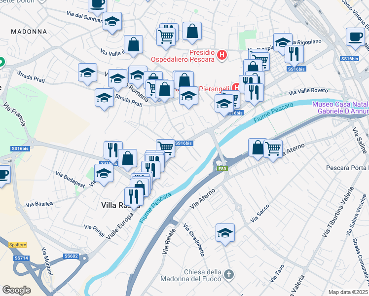 map of restaurants, bars, coffee shops, grocery stores, and more near 343 Via del Circuito in Pescara