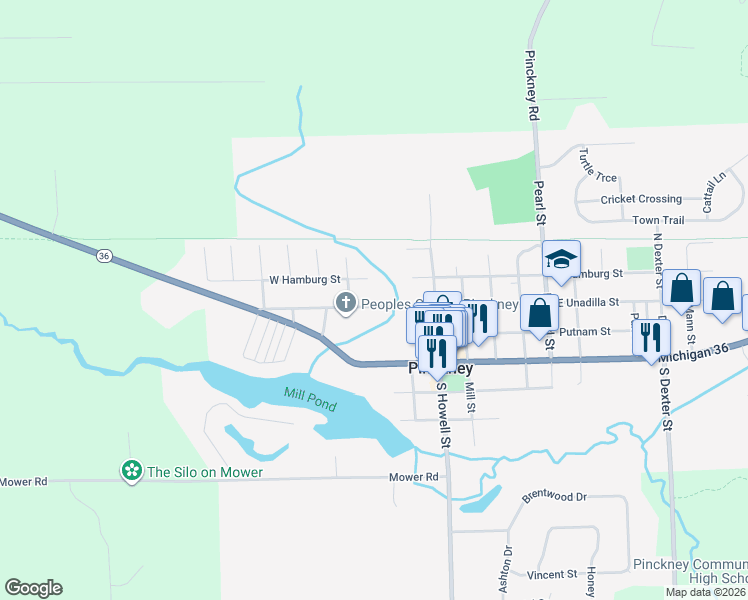 map of restaurants, bars, coffee shops, grocery stores, and more near 312 West Unadilla Street in Pinckney