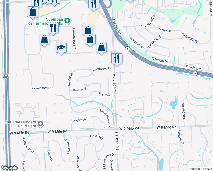 map of restaurants, bars, coffee shops, grocery stores, and more near 22981 Willowbrook Drive in Farmington Hills