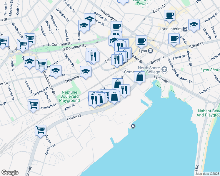 map of restaurants, bars, coffee shops, grocery stores, and more near 150 Blossom Street in Lynn