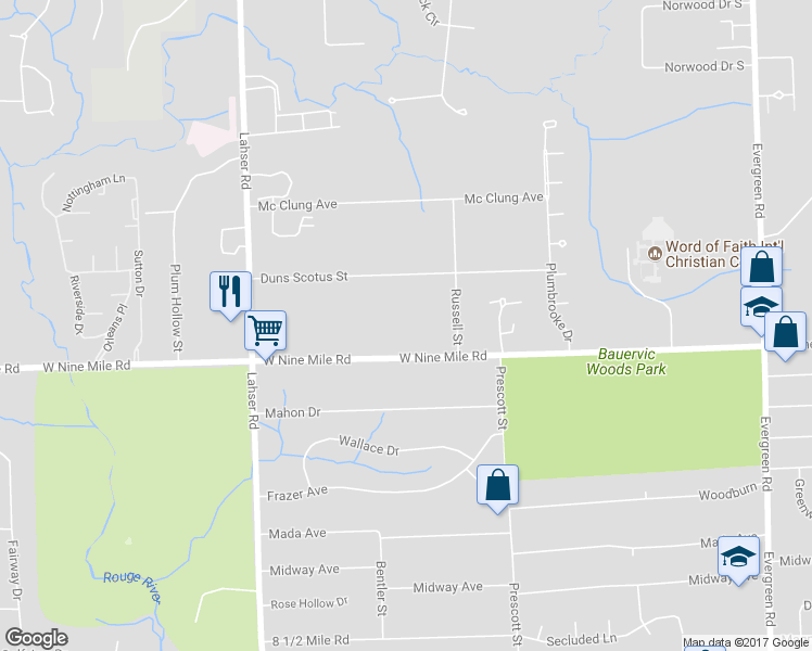 map of restaurants, bars, coffee shops, grocery stores, and more near 21386 West Nine Mile Road in Southfield