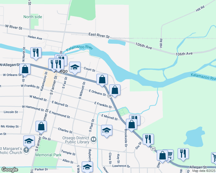 map of restaurants, bars, coffee shops, grocery stores, and more near 127 Edsell Street in Otsego