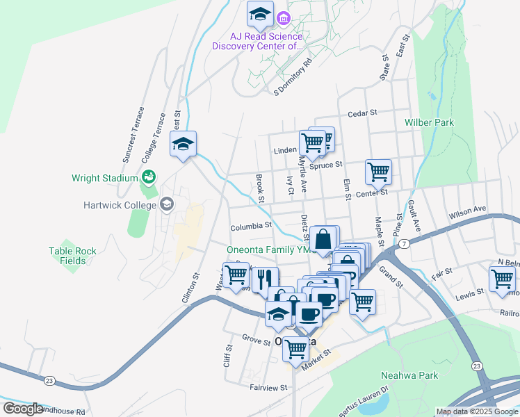 map of restaurants, bars, coffee shops, grocery stores, and more near 22 Center Street in Oneonta