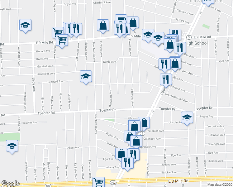 map of restaurants, bars, coffee shops, grocery stores, and more near 21917 Birchwood Avenue in Eastpointe