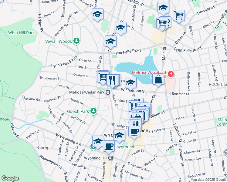 map of restaurants, bars, coffee shops, grocery stores, and more near 120 West Emerson Street in Melrose