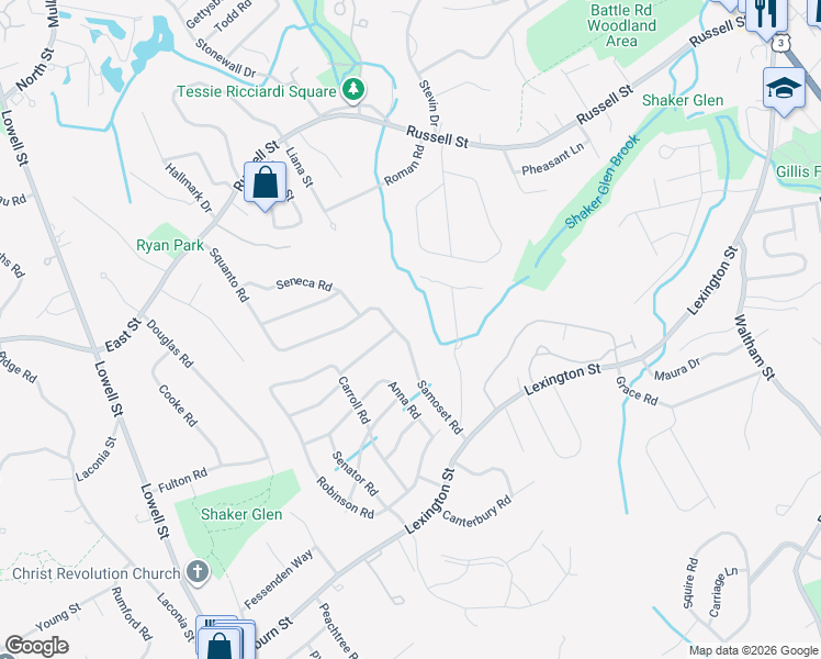 map of restaurants, bars, coffee shops, grocery stores, and more near 21 Samoset Road in Woburn