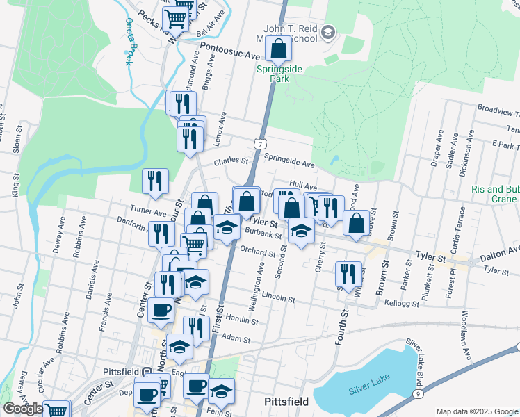 map of restaurants, bars, coffee shops, grocery stores, and more near 14 Myrtle Street in Pittsfield