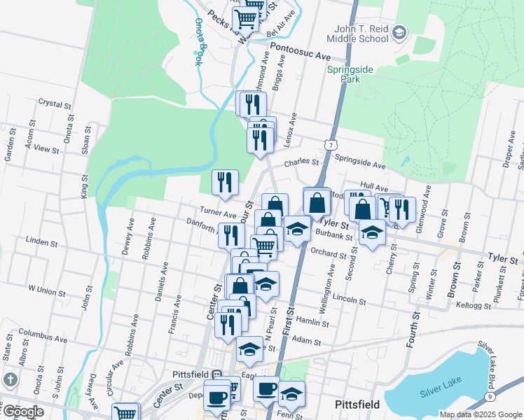 map of restaurants, bars, coffee shops, grocery stores, and more near 19 Park St in Pittsfield