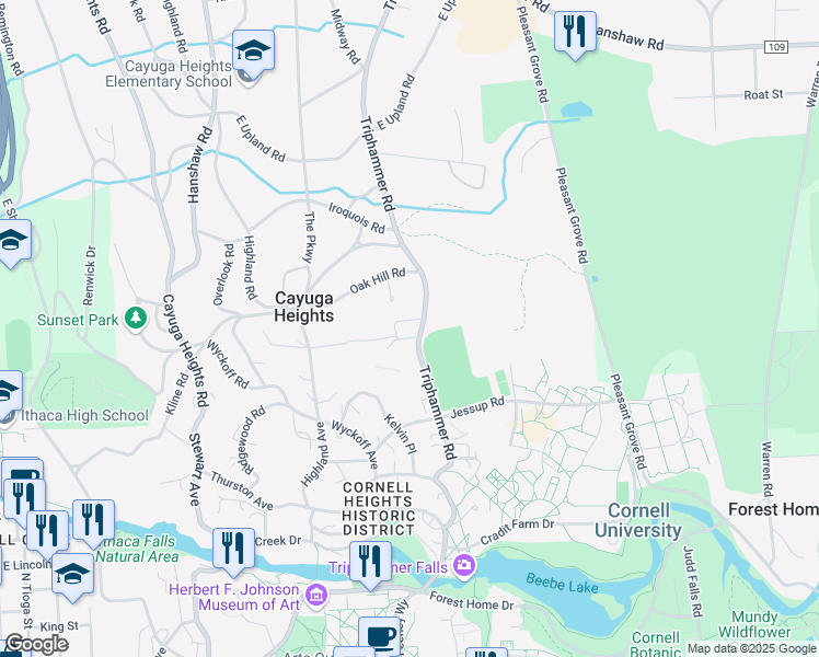map of restaurants, bars, coffee shops, grocery stores, and more near 398 Triphammer Road in Ithaca