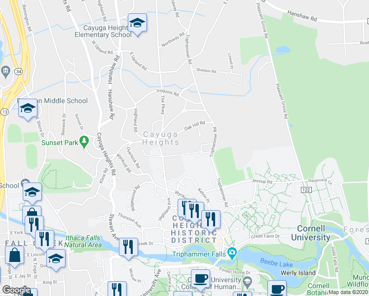 map of restaurants, bars, coffee shops, grocery stores, and more near 8 Country Club Road in Ithaca