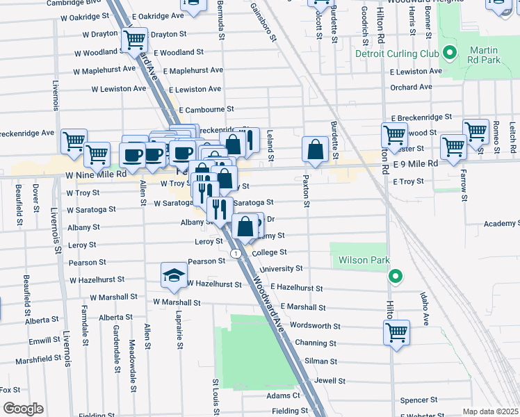map of restaurants, bars, coffee shops, grocery stores, and more near 254 East Saratoga Street in Ferndale