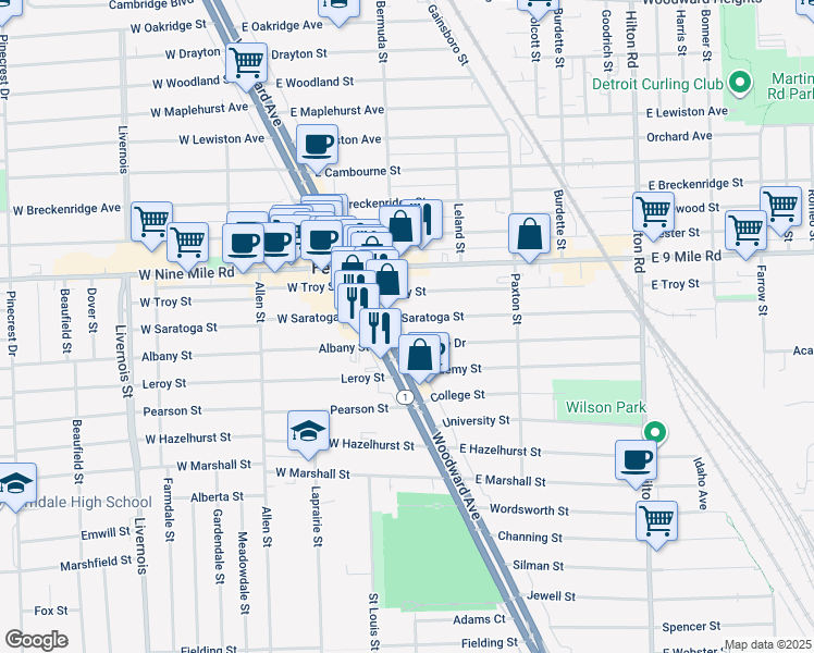 map of restaurants, bars, coffee shops, grocery stores, and more near 254 East Saratoga Street in Ferndale