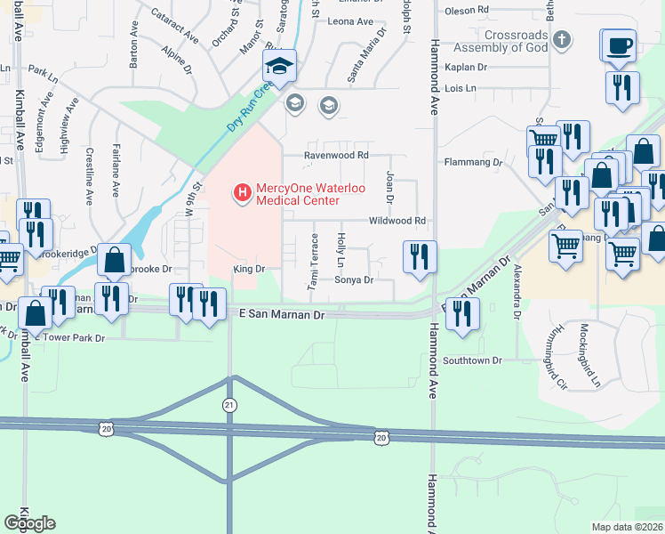 map of restaurants, bars, coffee shops, grocery stores, and more near 3860 Holly Lane in Waterloo