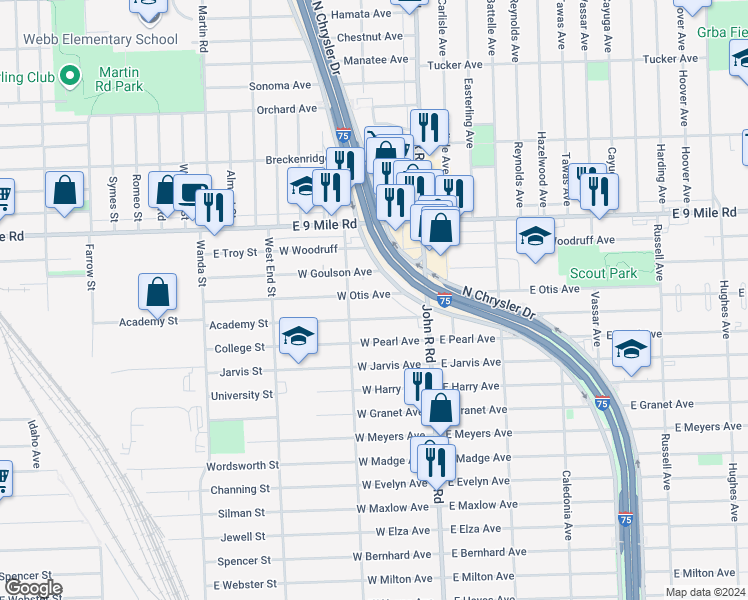 map of restaurants, bars, coffee shops, grocery stores, and more near 119 West Otis Avenue in Hazel Park