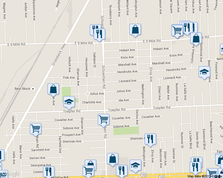 map of restaurants, bars, coffee shops, grocery stores, and more near 13649 Julius Avenue in Warren