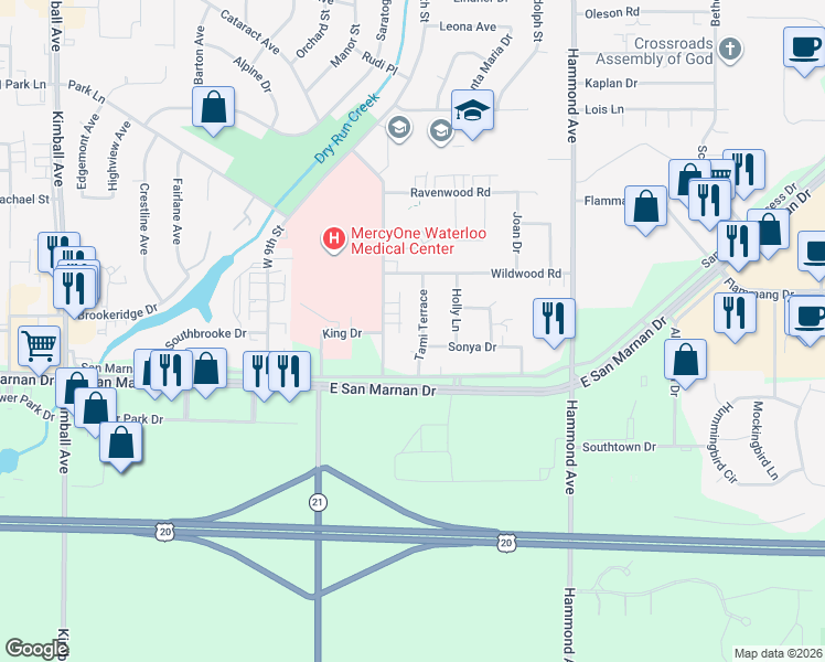 map of restaurants, bars, coffee shops, grocery stores, and more near 3860 Tami Terrace in Waterloo