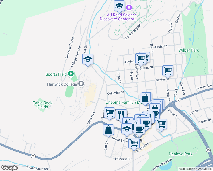 map of restaurants, bars, coffee shops, grocery stores, and more near 305 Main Street in Oneonta