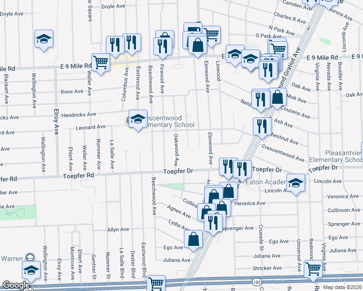 map of restaurants, bars, coffee shops, grocery stores, and more near 21917 Birchwood Avenue in Eastpointe