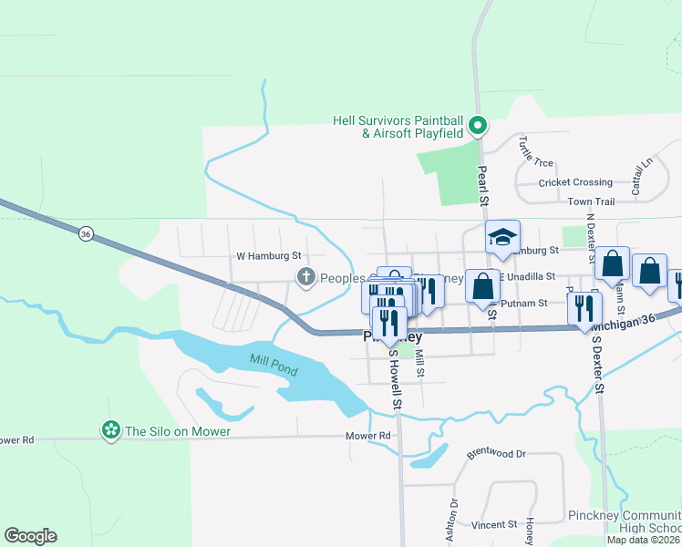 map of restaurants, bars, coffee shops, grocery stores, and more near 312 West Unadilla Street in Pinckney