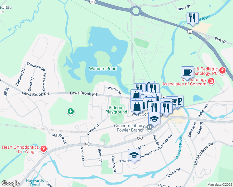 map of restaurants, bars, coffee shops, grocery stores, and more near 27 Buckmaster Drive in Concord