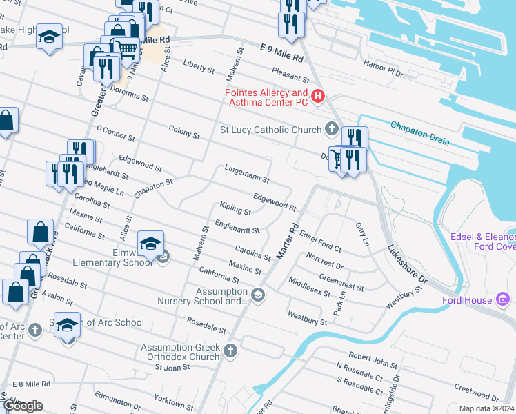 map of restaurants, bars, coffee shops, grocery stores, and more near 23025 Kipling Street in Saint Clair Shores