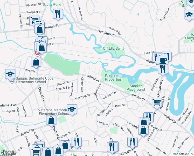 map of restaurants, bars, coffee shops, grocery stores, and more near 23 Victoria Street in Saugus
