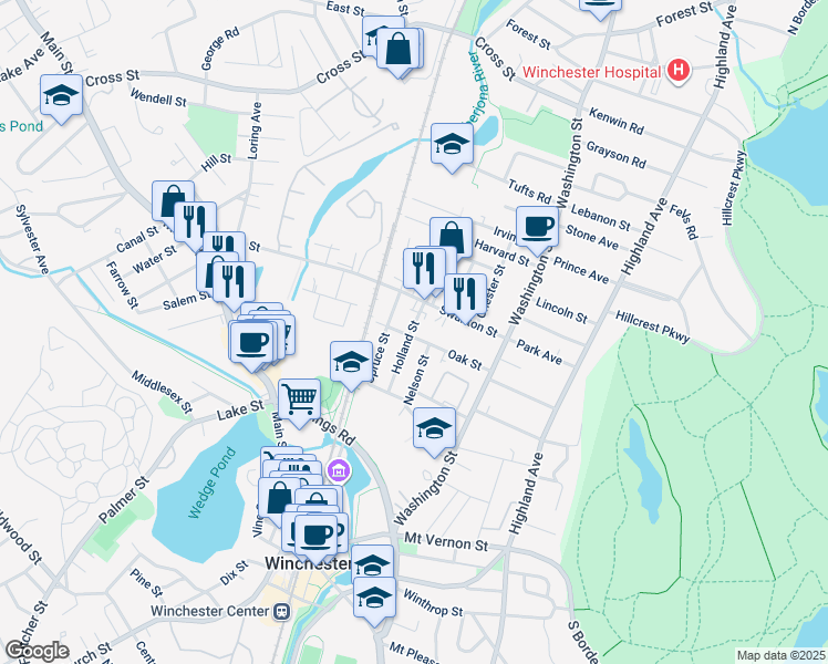 map of restaurants, bars, coffee shops, grocery stores, and more near 57 Oak Street in Winchester
