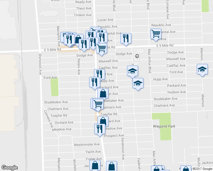 map of restaurants, bars, coffee shops, grocery stores, and more near 8065 Packard Avenue in Warren