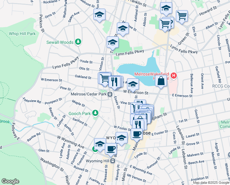 map of restaurants, bars, coffee shops, grocery stores, and more near 120 West Emerson Street in Melrose