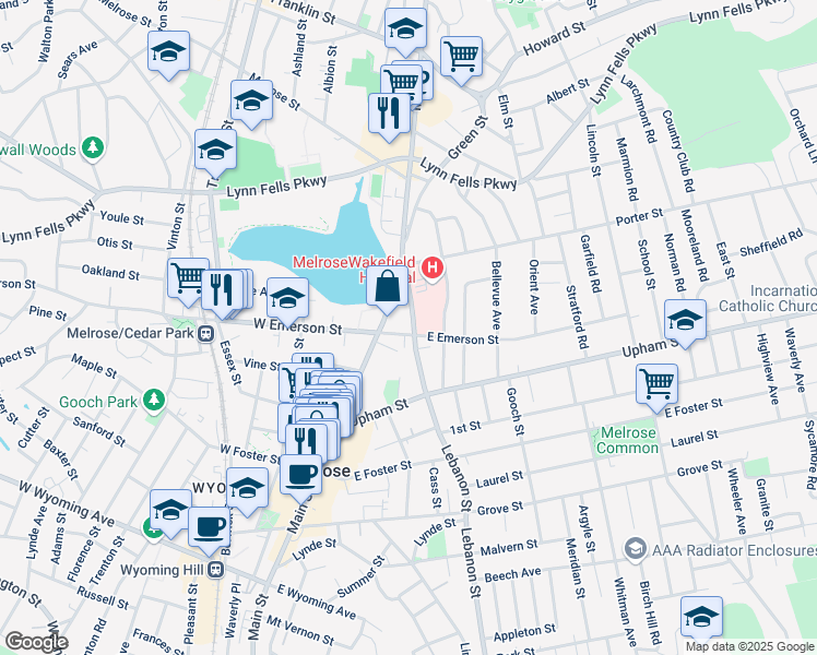map of restaurants, bars, coffee shops, grocery stores, and more near 22 East Emerson Street in Melrose